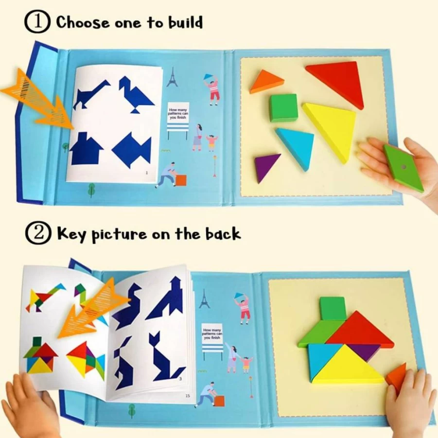 Beestech Wooden Tangram Puzzle Book - Educational Travel Toys for Kids Ages 3-8, Montessori Learning Games for Car, Plane & Restaurant Activities