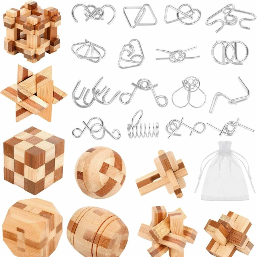 Auroray 25-Piece Wooden & Metal Wire Brain Teaser Puzzle Set for Adults - 3D IQ Test, Mind Unlock Interlock Games, Challenging Logic Toys