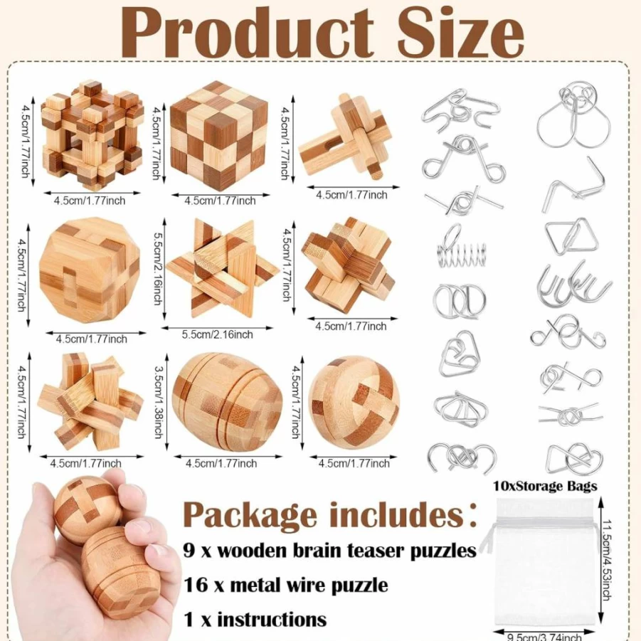 Auroray 25-Piece Wooden & Metal Wire Brain Teaser Puzzle Set for Adults - 3D IQ Test, Mind Unlock Interlock Games, Challenging Logic Toys
