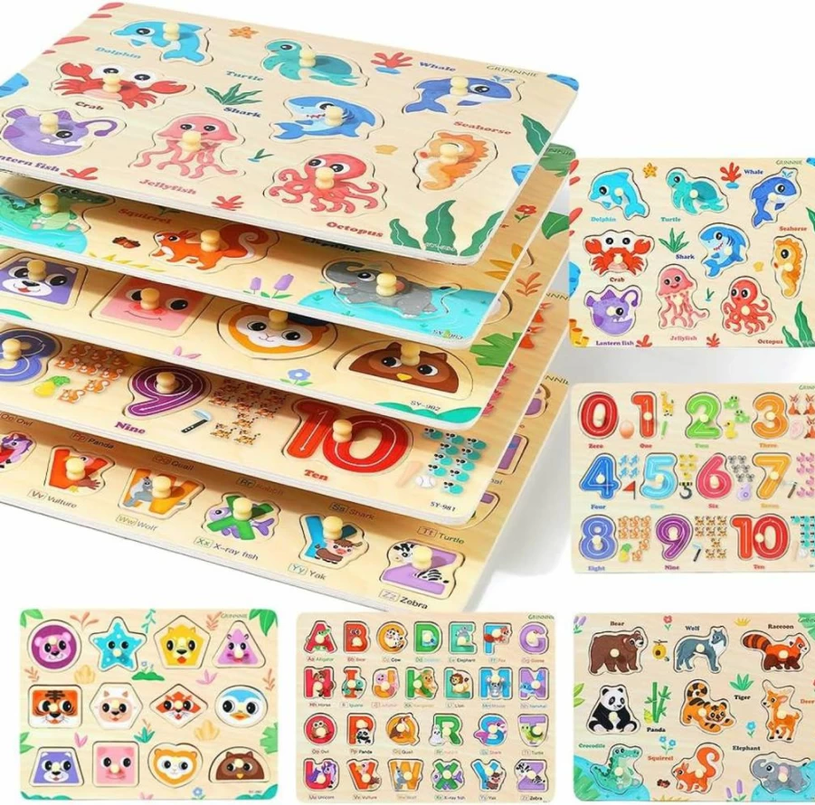 GR GRINNNIE Montessori Wooden Puzzles for Toddlers 1-3 Years - 5Pcs Peg Puzzles with Knob (Numbers, Alphabet, Shapes, Animals) - Educational Toys for Boys & Girls