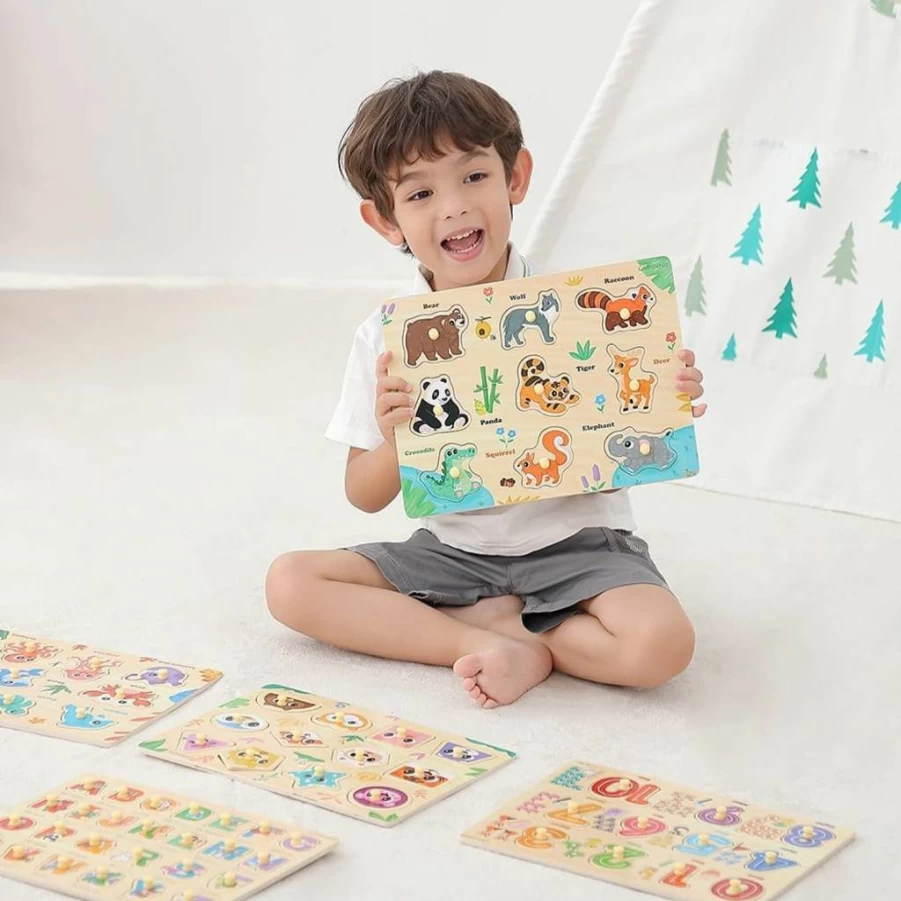 GR GRINNNIE Montessori Wooden Puzzles for Toddlers 1-3 Years - 5Pcs Peg Puzzles with Knob (Numbers, Alphabet, Shapes, Animals) - Educational Toys for Boys & Girls