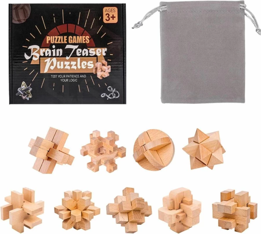 VolksRose 12Pcs Wooden Brain Teaser Puzzle Set for Adults & Kids - 3D IQ Logic Games, Mind Challenge Toys, 1.8 Inch Portable Puzzle Box Lock Gifts for Teens and Family