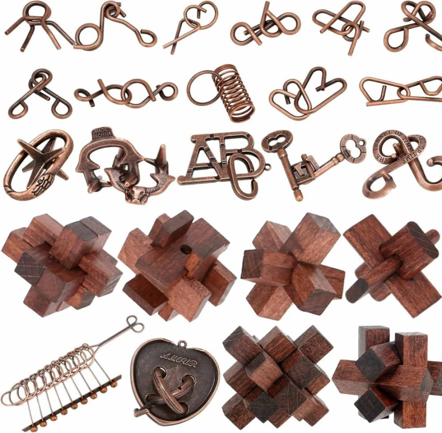 Mytothfy 13 Pcs Metal and Wooden Brain Teaser Puzzles for Adults and Teens - 3D Interlocking IQ Logic Games, Educational Unlock Toys for Smart Challenges