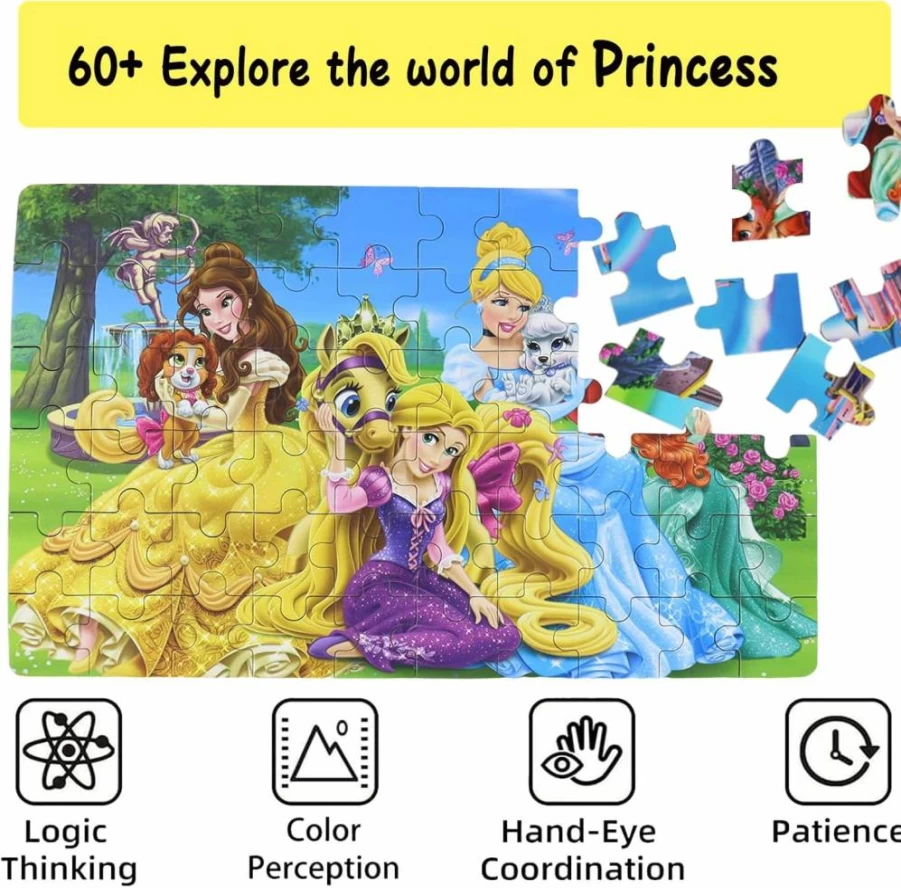 Doovide Princess Jigsaw Puzzle for Kids Ages 3-8 - 60 Piece Educational Toy in Metal Box for Girls & Boys (Princess 0677)