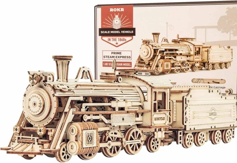 ROKR 3D Wooden Puzzle for Adults - Prime Steam Express Mechanical Train Model Kit (1:80 Scale) - Brain Teaser Building Toy, Unique Christmas/Birthday Gift for Kids & Teens