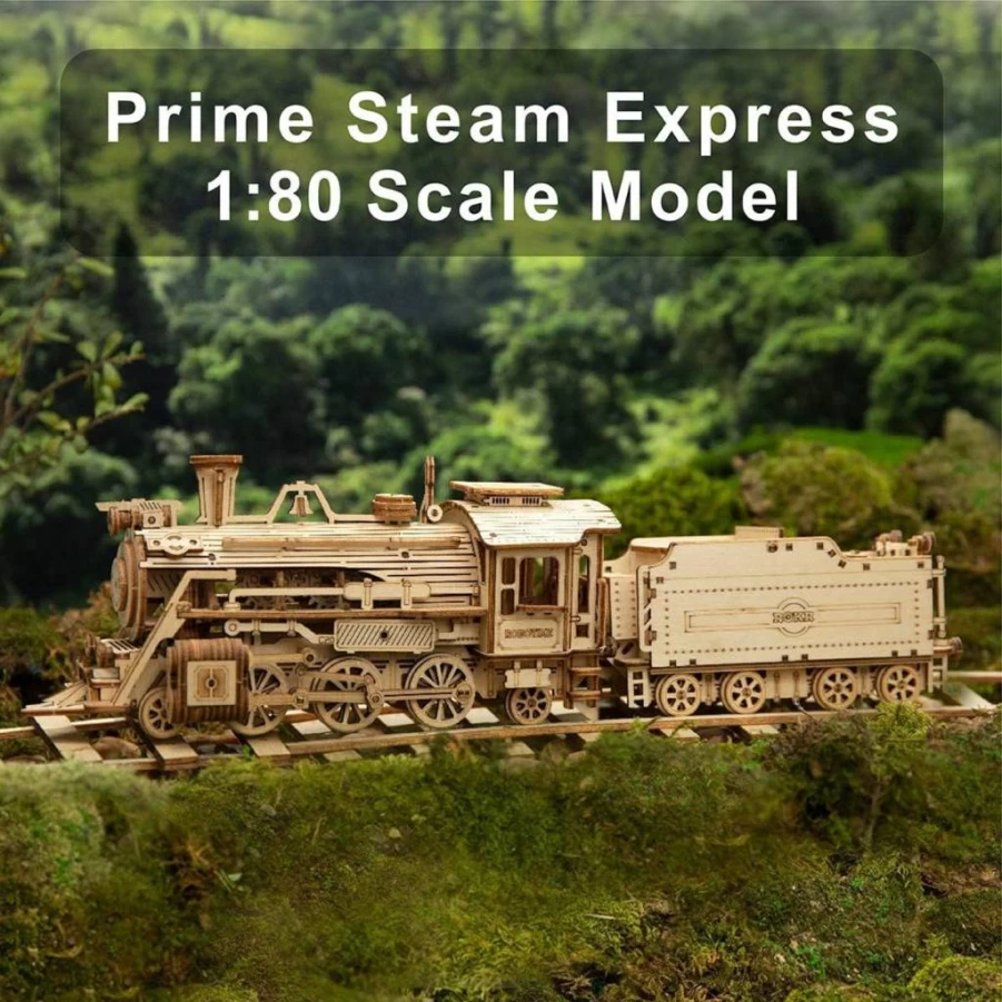 ROKR 3D Wooden Puzzle for Adults - Prime Steam Express Mechanical Train Model Kit (1:80 Scale) - Brain Teaser Building Toy, Unique Christmas/Birthday Gift for Kids & Teens