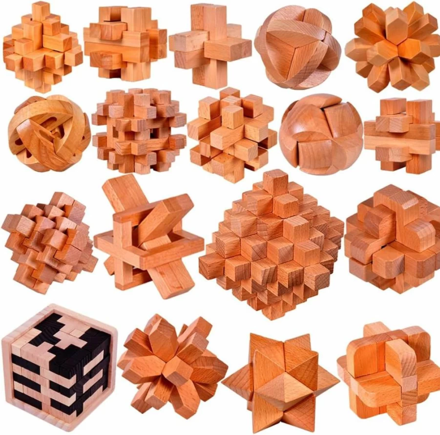 18 Pack Wooden Burr Puzzle Brain Teaser Set - Classic Magic Interlocking Puzzles for Adults & Kids - Gift Ready with Storage Box by Ahyuan