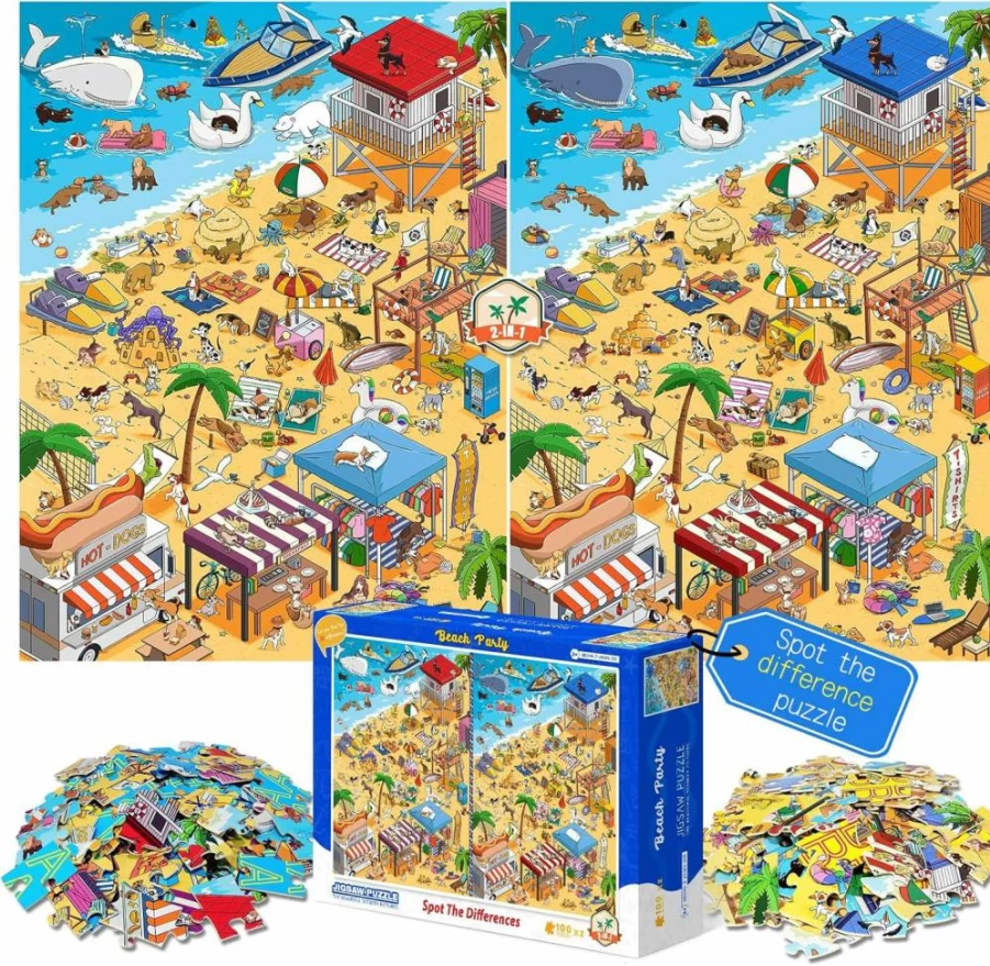 Qifeyla Spot The Differences Puzzle - 100 Piece Jigsaw Puzzles for Kids Ages 4-10, Educational Learning Toys for Boys & Girls, Beach Party Theme, Fun Gifts for Adults & Children