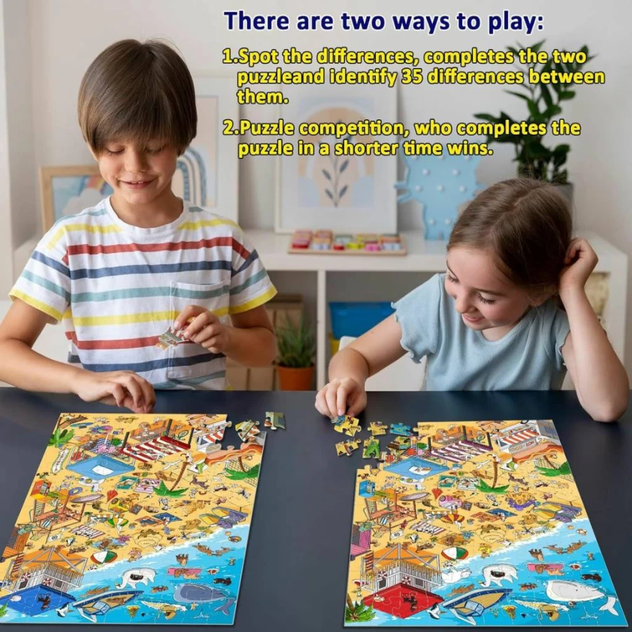 Qifeyla Spot The Differences Puzzle - 100 Piece Jigsaw Puzzles for Kids Ages 4-10, Educational Learning Toys for Boys & Girls, Beach Party Theme, Fun Gifts for Adults & Children