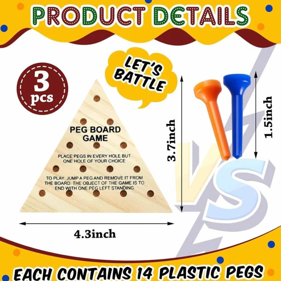 Zhanmai 3 Sets Wooden Triangle Peg Game - Travel Size Strategy Board Game for Teens & Adults, Fun Educational Learning Puzzles