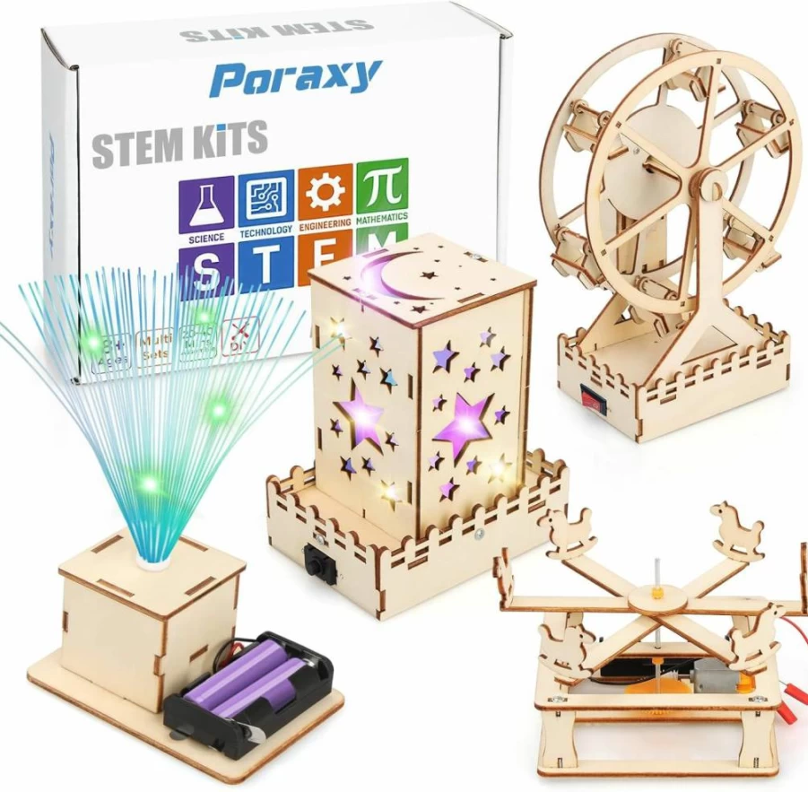 Poraxy 4-in-1 STEM Building Kit for Kids Ages 6-13, Educational 3D Puzzle Toys for Boys & Girls, Science Projects for Ages 8-12, Creative Christmas & Birthday Gifts