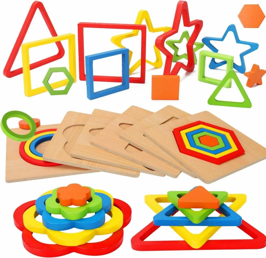 AugToy Montessori Wooden Puzzles for Toddlers 1-3 Years - Shape Sorting Sensory Toys, Preschool Learning Activities, Autism & Dementia Games, Easter Gift for Boys & Girls