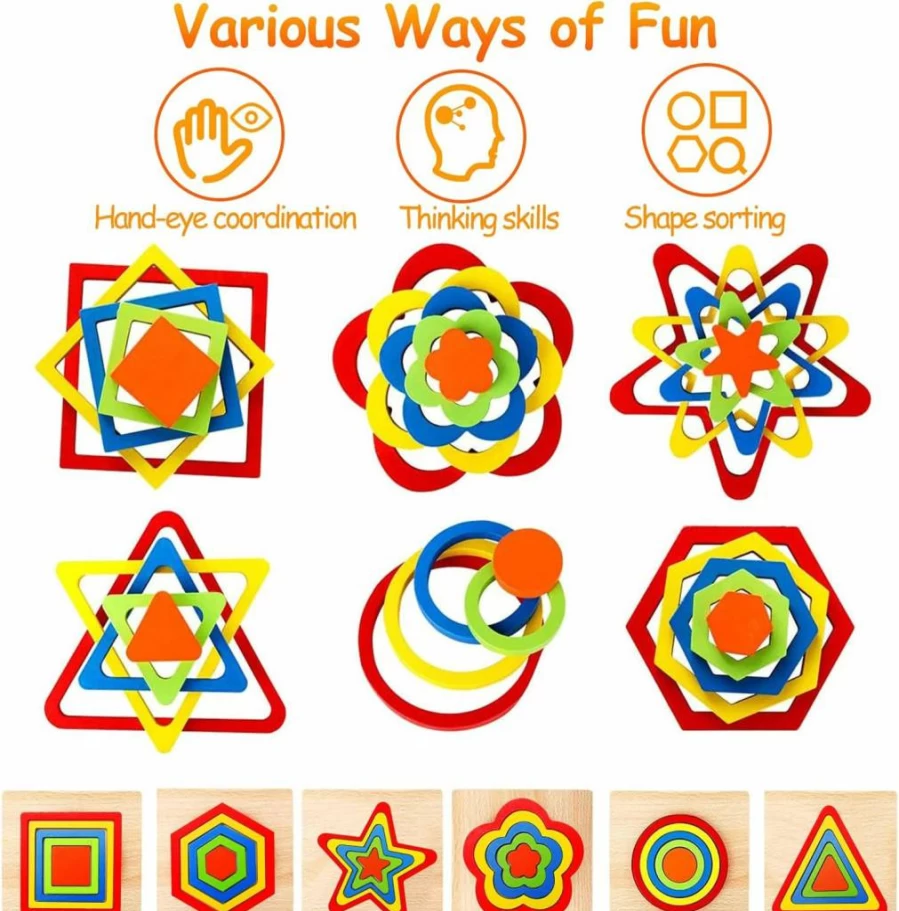 AugToy Montessori Wooden Puzzles for Toddlers 1-3 Years - Shape Sorting Sensory Toys, Preschool Learning Activities, Autism & Dementia Games, Easter Gift for Boys & Girls