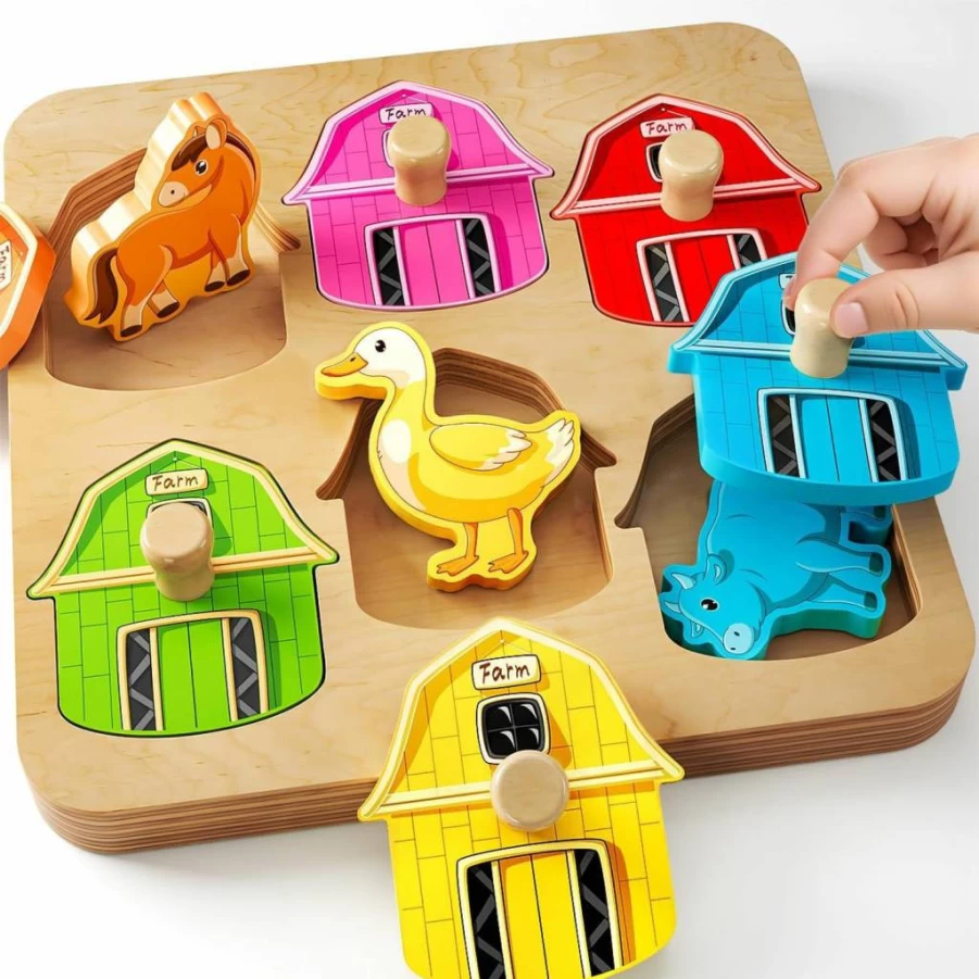 EDUJOY Farm Animal Wooden Peg Puzzles for Toddlers 1-3 Years, Montessori Preschool Learning Toys, Christmas Birthday Gift for 1-2 Year Old Boys & Girls