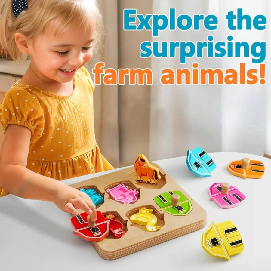 EDUJOY Farm Animal Wooden Peg Puzzles for Toddlers 1-3 Years, Montessori Preschool Learning Toys, Christmas Birthday Gift for 1-2 Year Old Boys & Girls