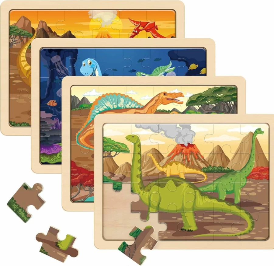SYNARRY 4-in-1 Large Dinosaur Wooden Jigsaw Puzzle Set for Kids Ages 3-6 - FSC Certified Educational Toys for Boys & Girls (12.2x9.4 Inch Gift Box)