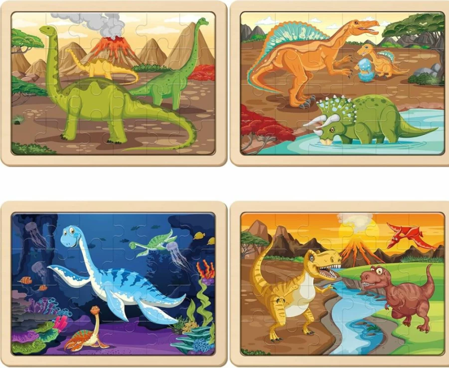 SYNARRY 4-in-1 Large Dinosaur Wooden Jigsaw Puzzle Set for Kids Ages 3-6 - FSC Certified Educational Toys for Boys & Girls (12.2x9.4 Inch Gift Box)