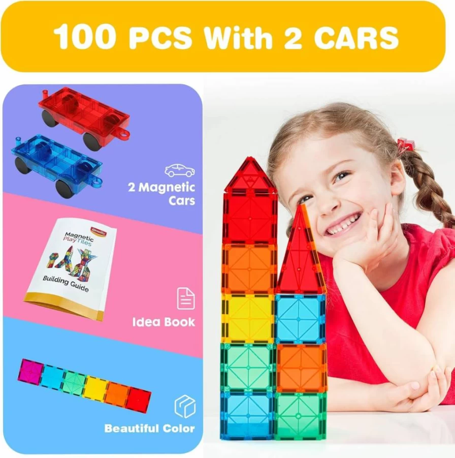 Gemmicc 100-Piece Magnetic Building Blocks Set with 2 Cars, STEM Educational Toys for Kids, Creative Stacking Puzzles for Boys & Girls