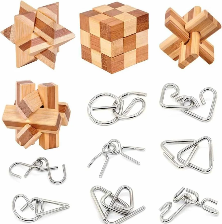 Buootooy 12PCS 3D Bamboo Metal Brain Teaser Puzzles for Adults & Teens – Mind Challenge Games Set for Logic & Fun