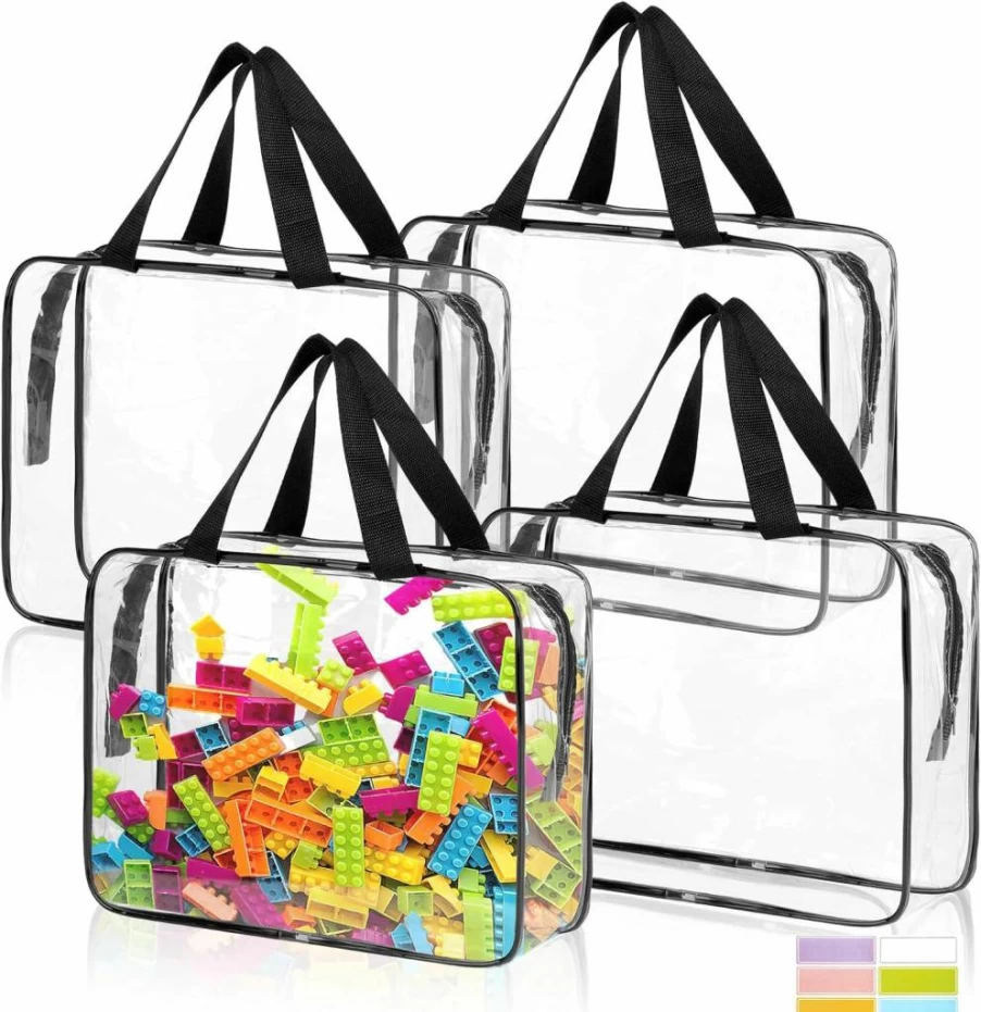 MOWPOG 4 Pack Large Clear PVC Toy Storage Bags with Zipper, Waterproof Reusable Organizer for Puzzles, Building Blocks, Board Games, Kids Books, Stationery - Black Labeled Bags