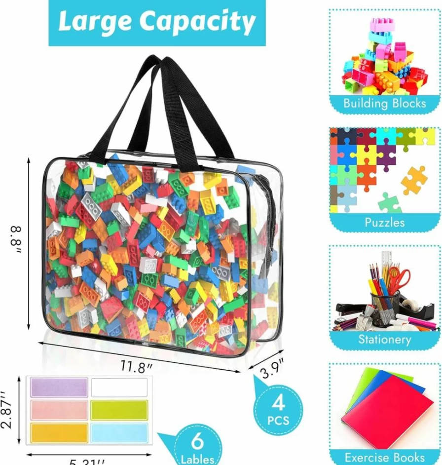 MOWPOG 4 Pack Large Clear PVC Toy Storage Bags with Zipper, Waterproof Reusable Organizer for Puzzles, Building Blocks, Board Games, Kids Books, Stationery - Black Labeled Bags
