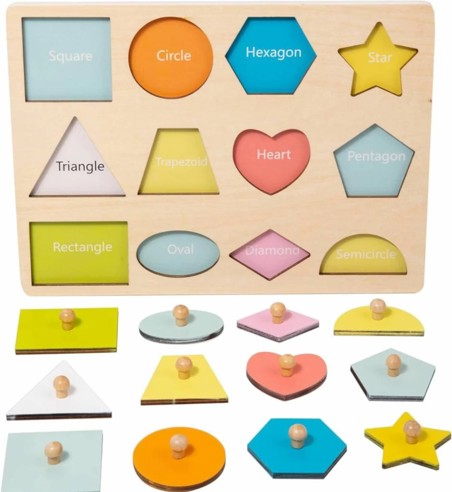 Adena Montessori Wooden Shape Puzzle for Toddlers 1-3 Years - Jumbo Knob Peg Board with 3 Pieces, Color & Shape Sorting Montessori Learning Toy for Preschool Kids
