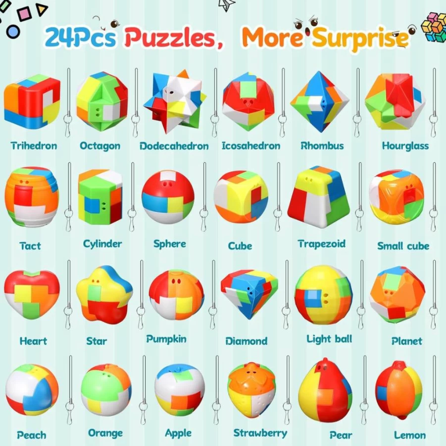 Syhood 24-Piece 3D Puzzle Set for Kids & Adults - Brain Teaser, Logic Games, Interlocking Cube, Ball, Barrel - Educational IQ & Mind Training Toys