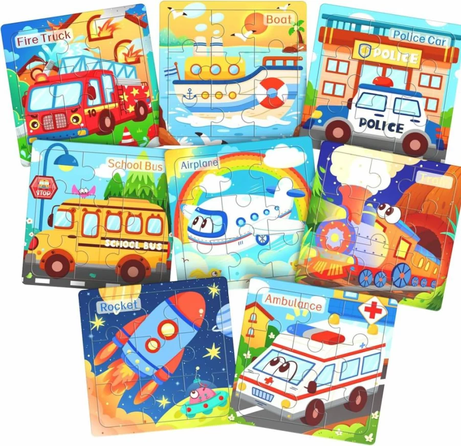 Zeoddler 8-Pack Wooden Vehicle Puzzles for Toddlers Ages 3-5, 9-Piece Educational Jigsaw Toys for Preschool Boys & Girls, Learning Activities Gift