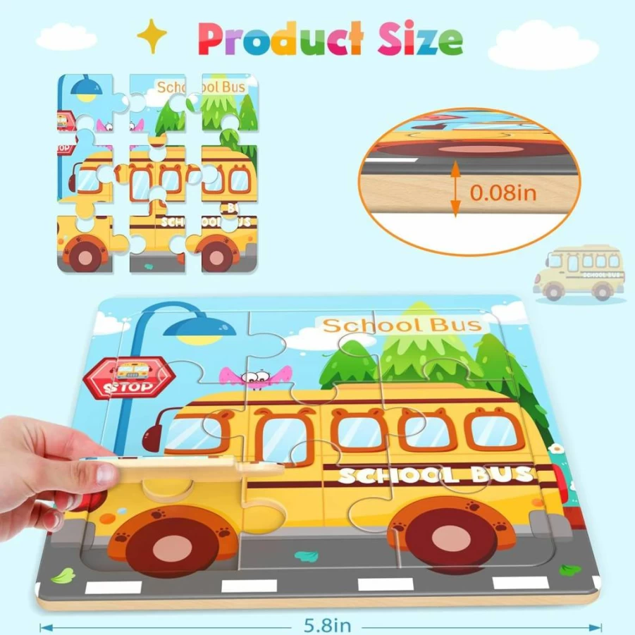Zeoddler 8-Pack Wooden Vehicle Puzzles for Toddlers Ages 3-5, 9-Piece Educational Jigsaw Toys for Preschool Boys & Girls, Learning Activities Gift