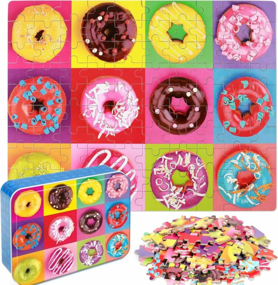LELEMON 100-Piece Donut Jigsaw Puzzle for Kids Ages 4-8, Educational Toys for Boys & Girls in Metal Box
