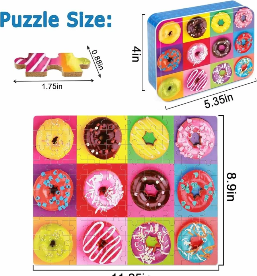 LELEMON 100-Piece Donut Jigsaw Puzzle for Kids Ages 4-8, Educational Toys for Boys & Girls in Metal Box