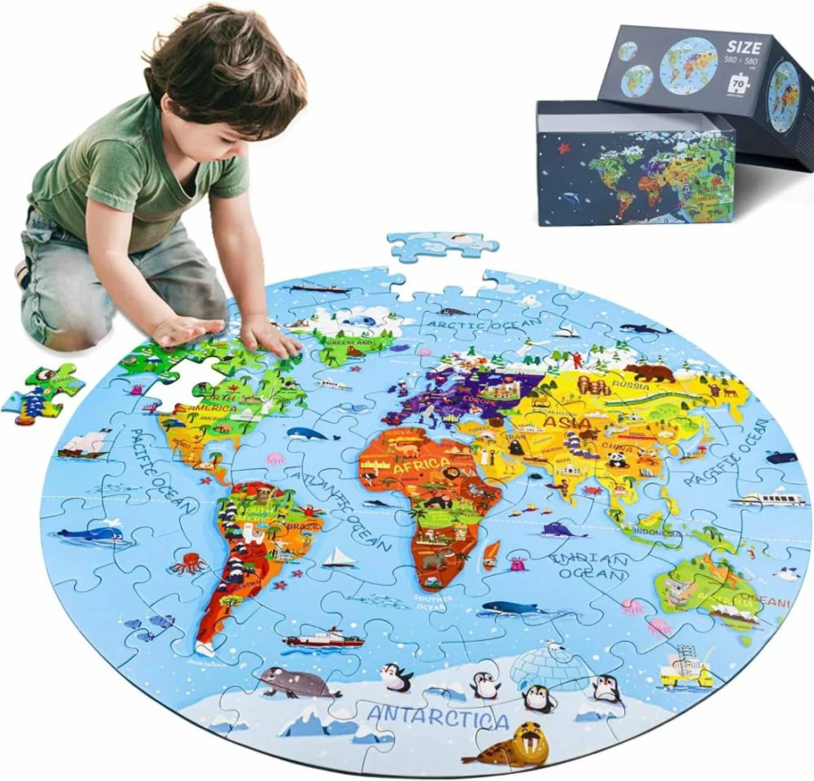 DIGOBAY 70-Piece Round World Map Jigsaw Puzzle for Kids Ages 4-8, Educational Geography Floor Puzzle Toy for Toddlers, Children's Birthday Gift