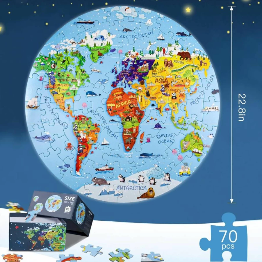 DIGOBAY 70-Piece Round World Map Jigsaw Puzzle for Kids Ages 4-8, Educational Geography Floor Puzzle Toy for Toddlers, Children's Birthday Gift
