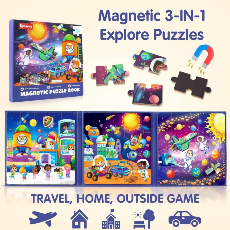 SYNARRY Magnetic Travel Puzzles for Kids Ages 2-6 - 20 Piece Transport Toy Set for Air, Land & Water - Toddler Road Trip Activities - Birthday Gifts for Boys & Girls 3-5 Years Old