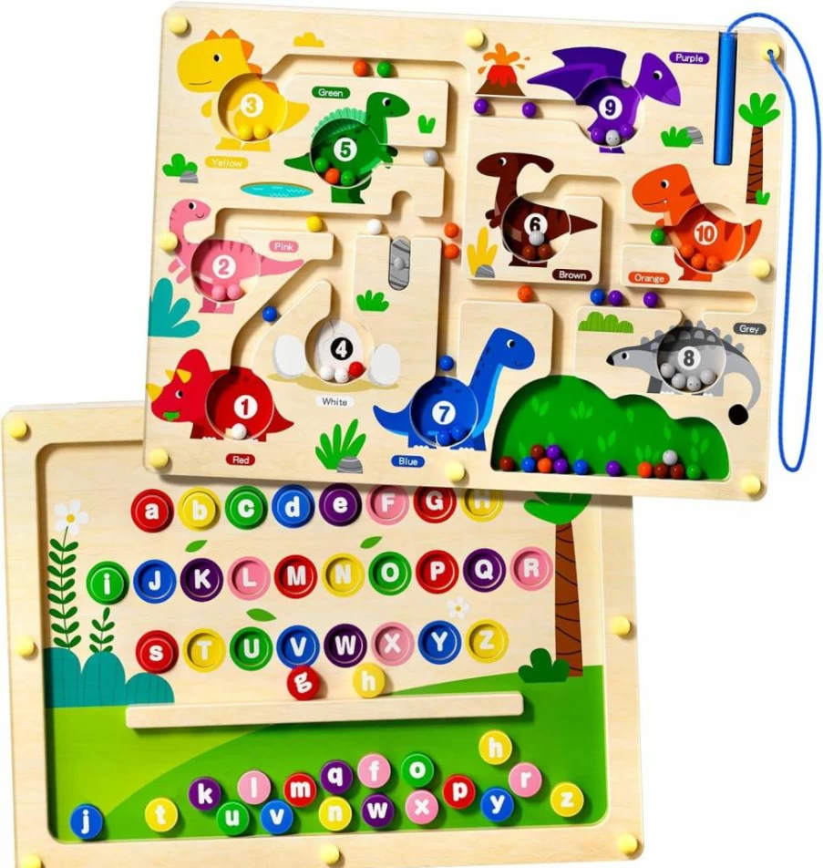 UMEREACT Magnetic Alphabet & Number Maze - Double-Sided ABC Dinosaur Counting Toy, Montessori Preschool Learning Board for Kids Ages 3 4 5 Years, 2-in-1 Color Sorting & Math Educational Game