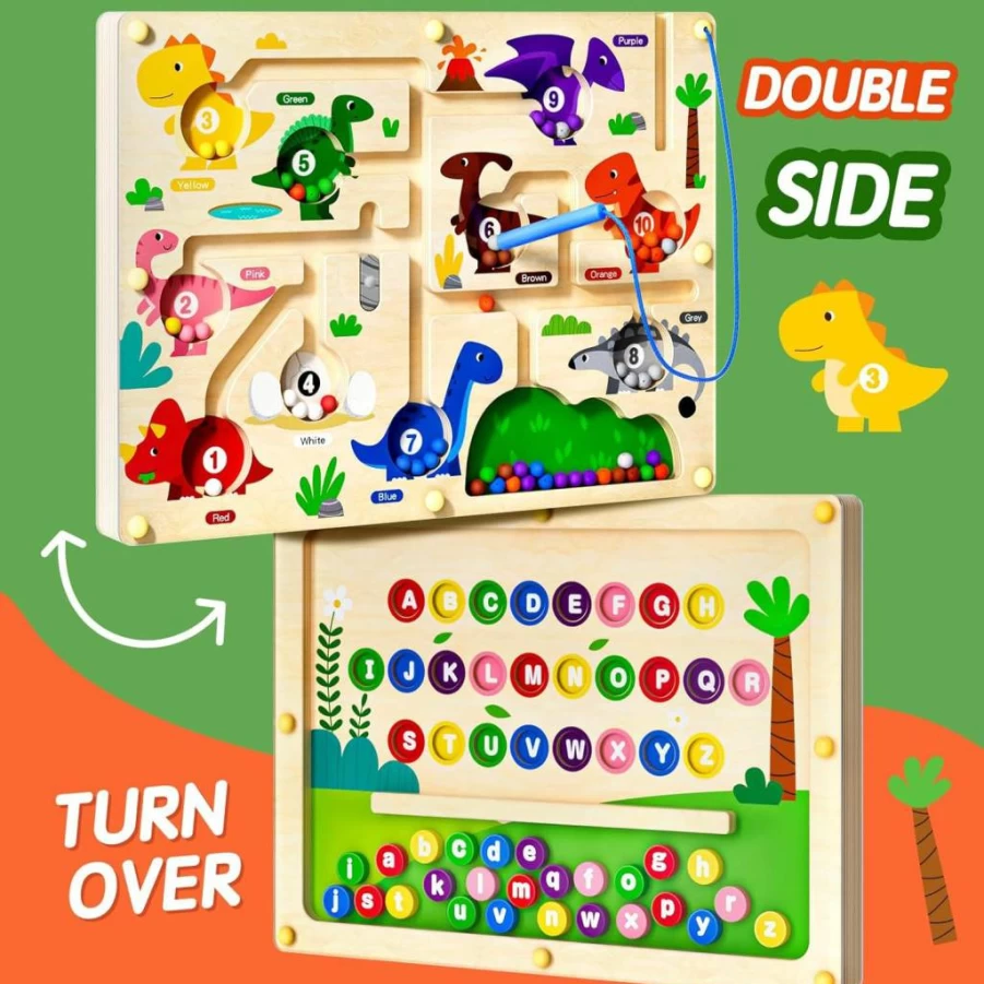 UMEREACT Magnetic Alphabet & Number Maze - Double-Sided ABC Dinosaur Counting Toy, Montessori Preschool Learning Board for Kids Ages 3 4 5 Years, 2-in-1 Color Sorting & Math Educational Game