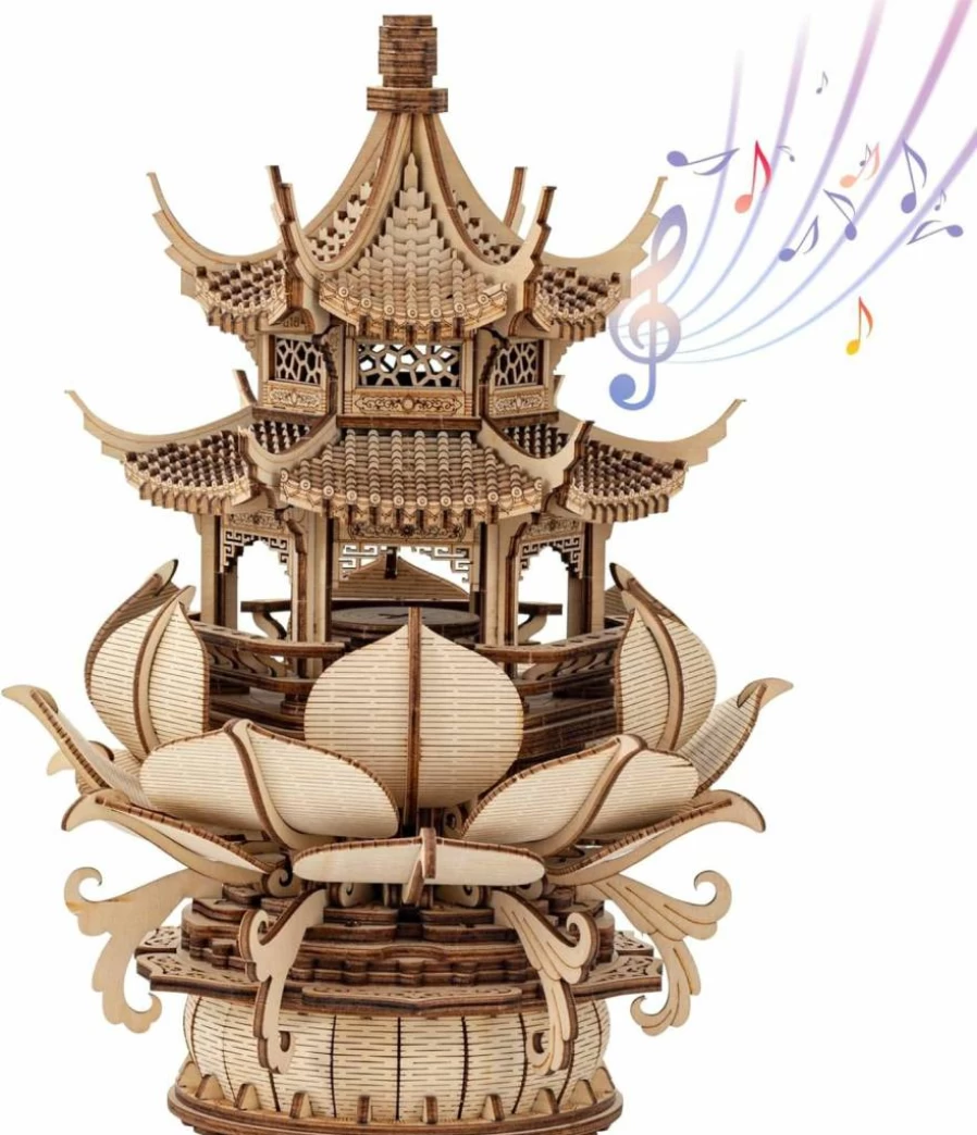 RUIFAM 3D Wooden Puzzle Lotus Pavilion Music Box - DIY Adult Craft Kit, Creative Building Toy for Men & Women, Unique Assembly Gift for Hobbyists
