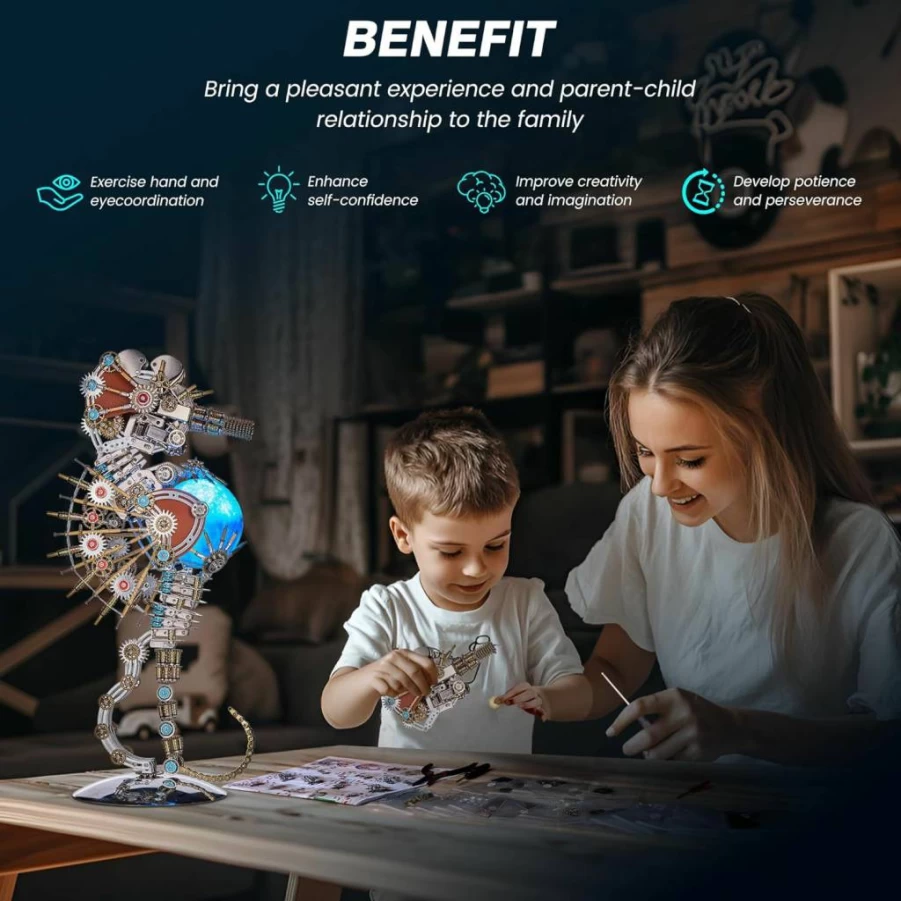 Oeukas 3D Metal Puzzle DIY Cyberpunk Mechanical Seahorse with LED Lights - Adult Metal Model Kit for Men, Unique Birthday Gift & Home Decoration