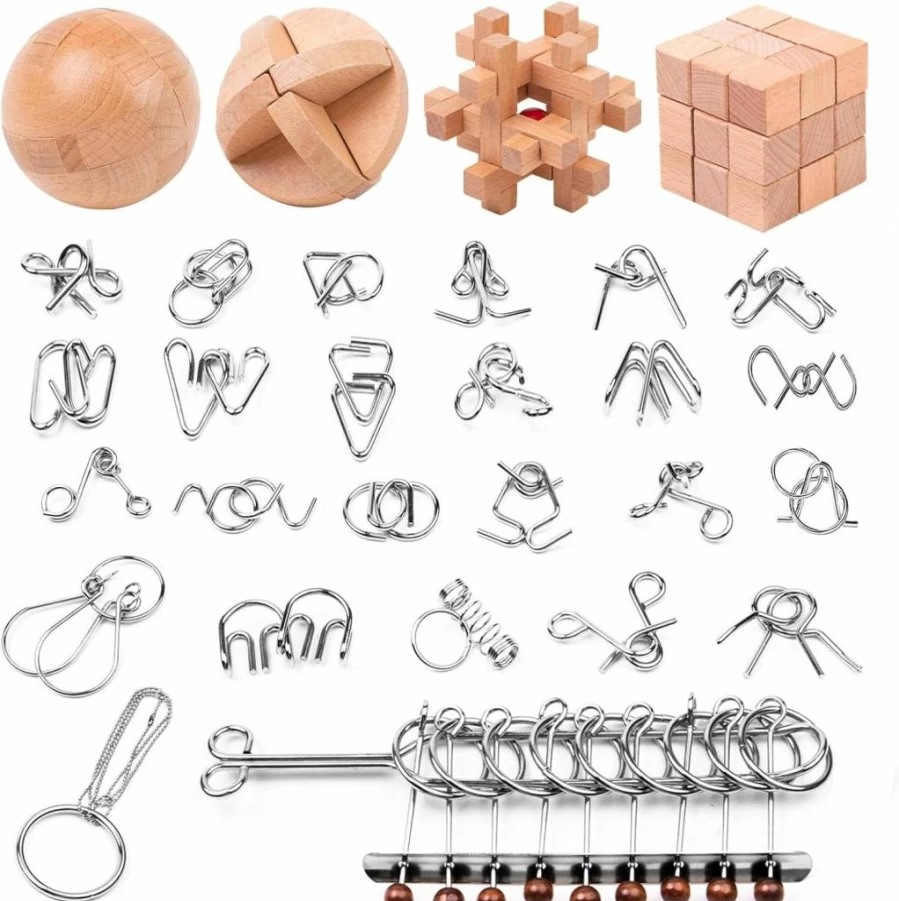 HINWOLN 15PCS Wooden & Metal Brain Teaser Puzzle Set for Kids & Adults - 3D IQ Logic Test, Mind Unlock Interlock Game, Educational Travel Toy for All Ages