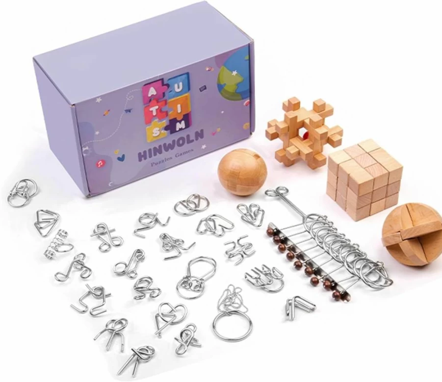 HINWOLN 15PCS Wooden & Metal Brain Teaser Puzzle Set for Kids & Adults - 3D IQ Logic Test, Mind Unlock Interlock Game, Educational Travel Toy for All Ages