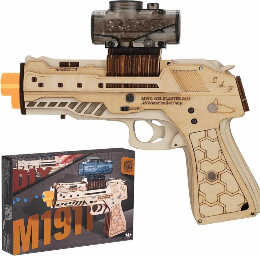 Maysida 3D Wooden Puzzle Gun Kit - DIY Rechargeable Electric M1911 Model Toy, Adult Wood Craft Building Set, Unique Christmas Birthday Gift for Men and Women