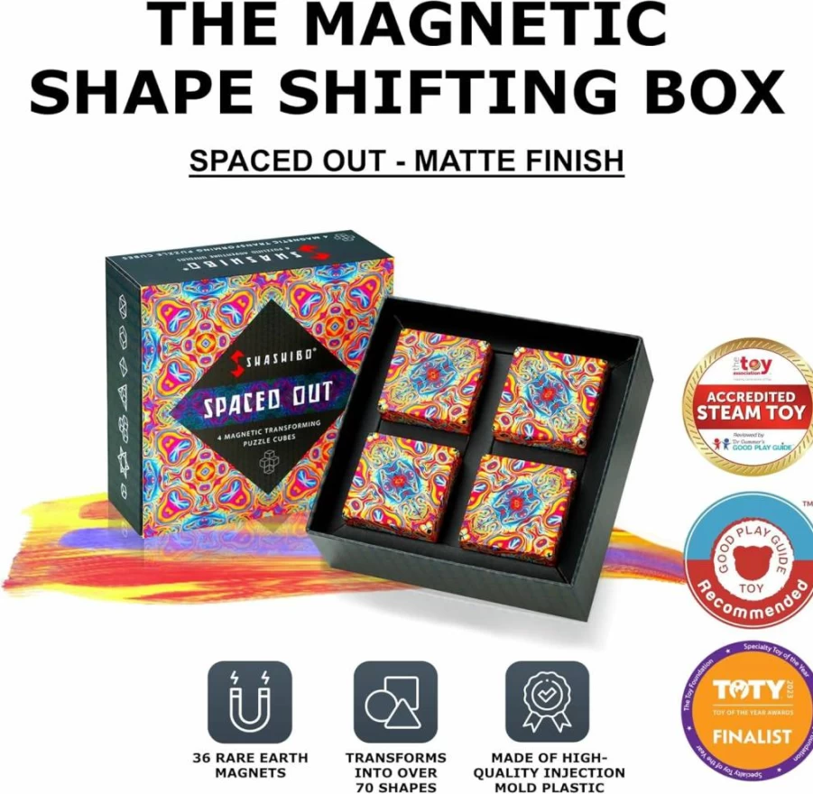 Shashibo Magnetic Fidget Cube – Transformable Stress Relief Toy with 70+ Shapes, STEM Approved, Includes Fun In Motion Toys App (Spaced Out Design)