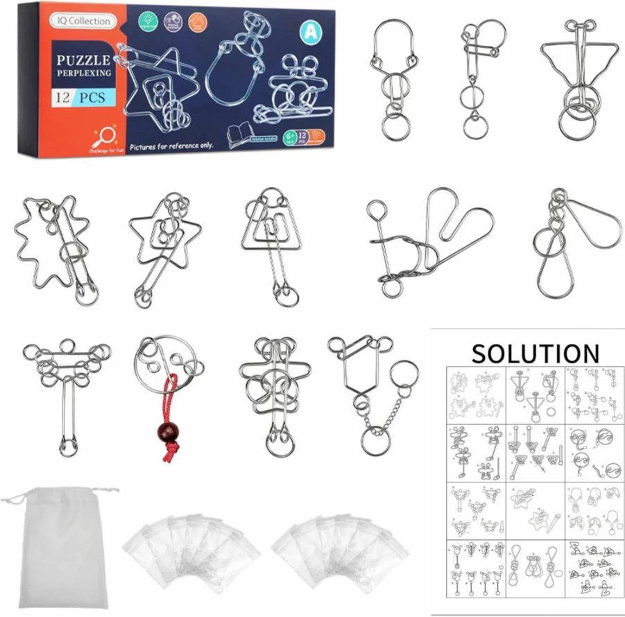 Toylezhi 12-Piece Iron Lock Puzzle Set for Adults & Kids - Brain Teaser Games for Family Bonding, IQ Training & Focus Improvement - Challenging Metal Interlocking Puzzles (Large Size)