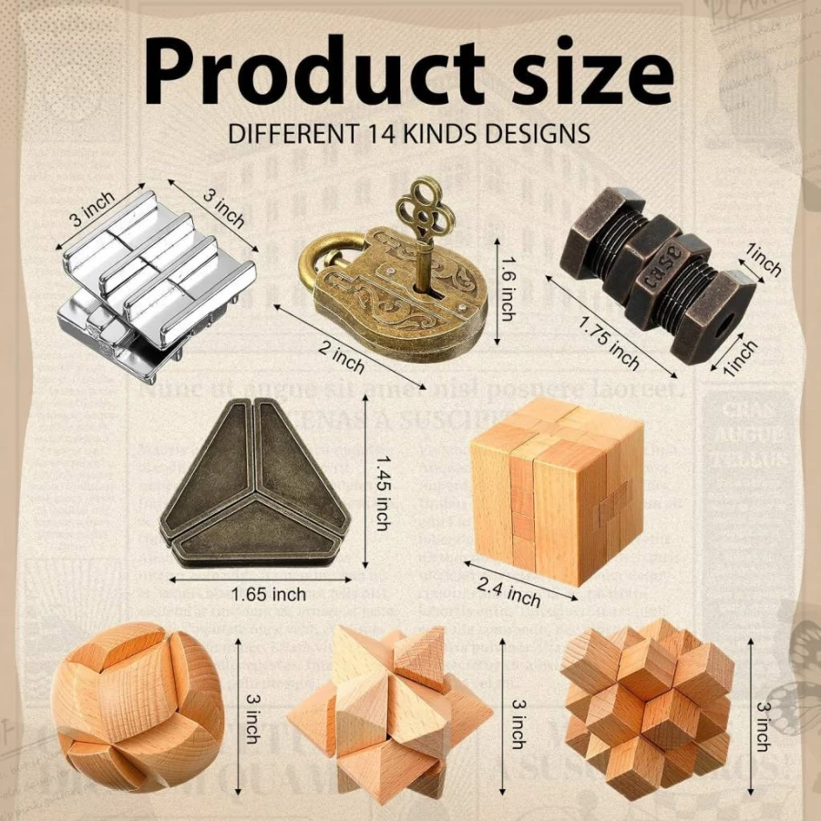 Syhood 14-Piece Metal and Wooden Brain Teaser Puzzles for Adults - 3D Interlocking Mind Games, IQ Educational Toys, Smart Logic Challenges
