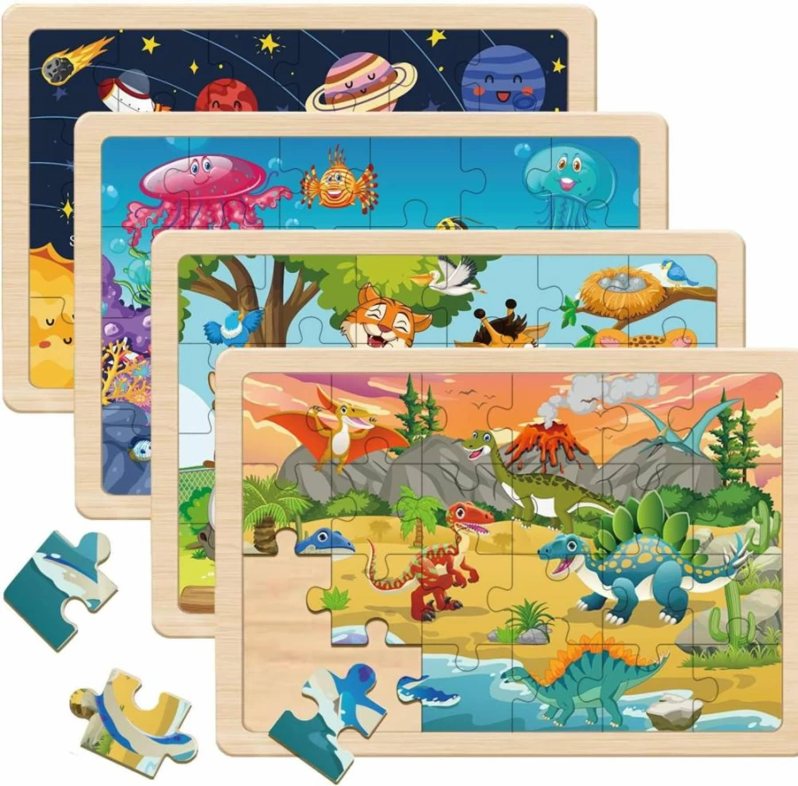 Eirenke Wooden Jigsaw Puzzles for Kids Ages 4-8, 4 Pack 24-Piece Preschool Educational Toys, Learning Puzzle Board Games for Toddlers Boys & Girls, Ideal Gifts for Ages 4-6