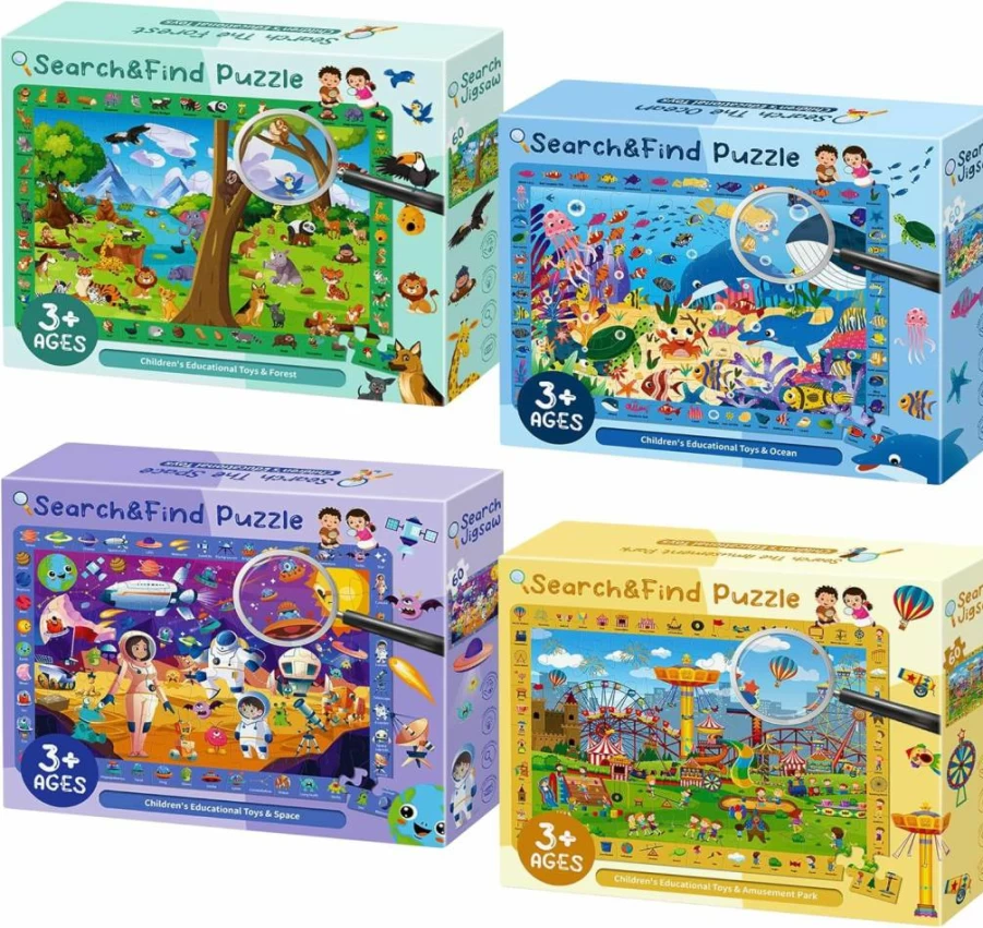 Powza 4-Pack Kids Jigsaw Puzzles for Ages 4-10 - Space, Forest, Ocean & Amusement Park Themes, 60-Piece Learning Toys for Boys & Girls (14x10 Inch)