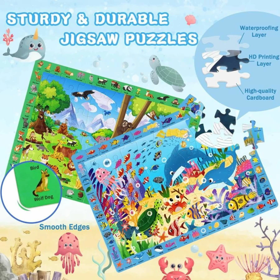 Powza 4-Pack Kids Jigsaw Puzzles for Ages 4-10 - Space, Forest, Ocean & Amusement Park Themes, 60-Piece Learning Toys for Boys & Girls (14x10 Inch)