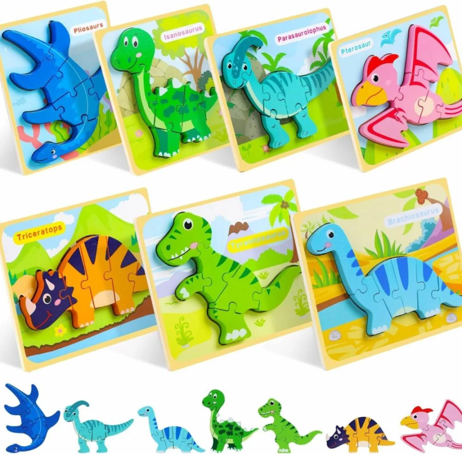 TOY Life Wooden Dinosaur Puzzles for Toddlers Ages 1-3, 7-Piece Educational Toys for Boys & Girls 2-5 Years, Montessori Learning Toddler Puzzles 1-3