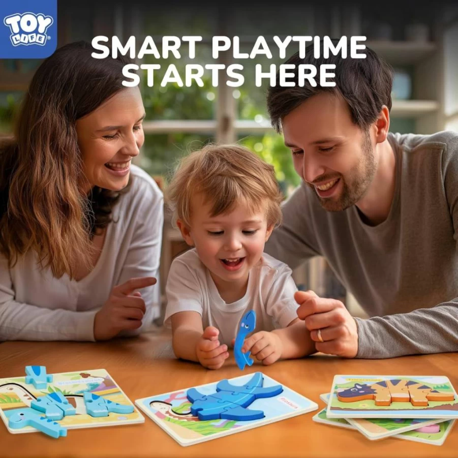 TOY Life Wooden Dinosaur Puzzles for Toddlers Ages 1-3, 7-Piece Educational Toys for Boys & Girls 2-5 Years, Montessori Learning Toddler Puzzles 1-3