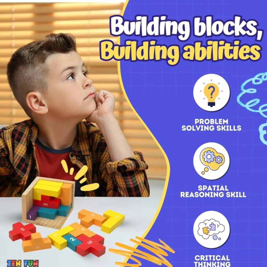 Zen Fun Montessori 3D Wooden Puzzle Cube - 20 & 40 Piece Brain Teaser for Kids Ages 5-7 & Adults - Educational STEM Toy for Logical Thinking
